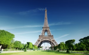 Sunny morning and Eiffel Tower, Paris, France